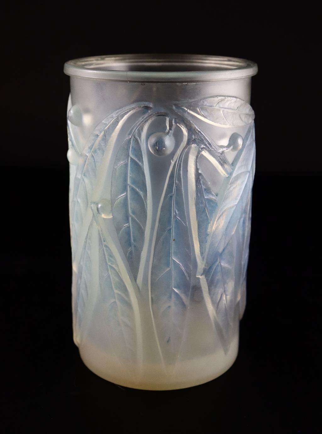René Lalique. A pre-war opalescent and blue tinted glass Laurier pattern vase, no.947, designed in 1922, 17.7cm high